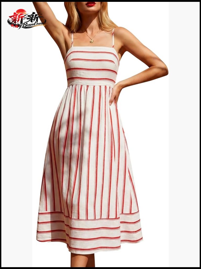 100% Linen Midi Dress Spaghetti Strap Summer Casual Beach Party Back Smocked